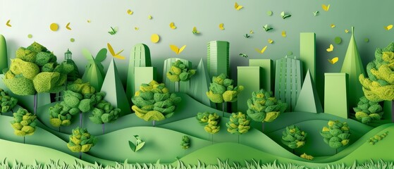 Visualize a green eco city where life is sustainable and architecture merges with nature