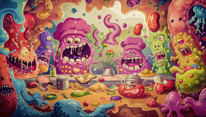 Illustration of cute cartoon bacteria wearing chef hats, cooking in an oversized kitchen inside the human stomach walls. The scene includes various food items