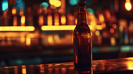 Chilled Beer Bottle on a Bar Counter at Night - obrazy, fototapety, plakaty