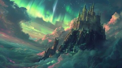 Enchanted castle beneath a celestial aurora display