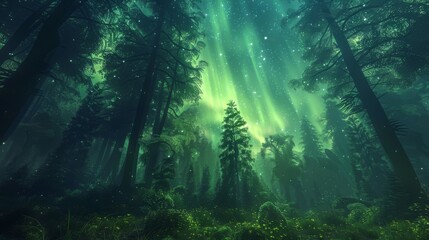 Enchanted forest basking under a mystical aurora display