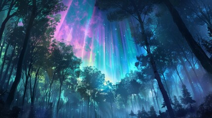 Enchanted forest basking under a mystical aurora
