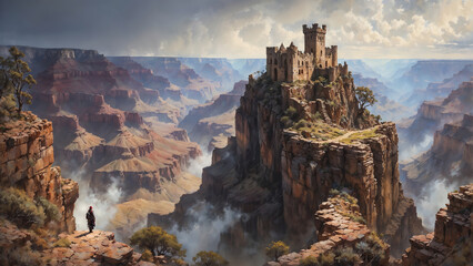 Ancient old fantasy castle ruins on a rocky cliff with eroded pathway, high above a grand canyon landscape, on the edge of the cliff stands a lone adventurer with a red hat and backpack.