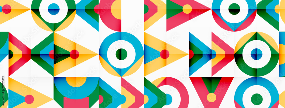 Poster A vibrant textile design featuring a seamless pattern of colorful geometric shapes such as rectangles, triangles, and circles on a white background, creating a symmetrical and artistic composition