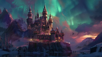 Enchanting castle under the aurora s glow