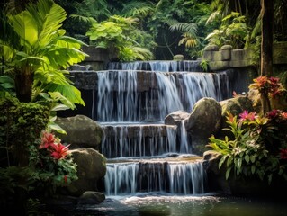 Lush tropical waterfall surrounded by vibrant foliage