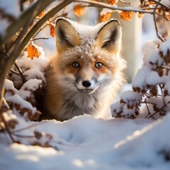 Fototapeta premium Curious red fox in snowy winter forest