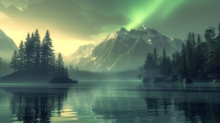 Ethereal northern lights over a tranquil mountain lake