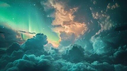 Fototapeta premium Ethereal sky dance aurora and thunder mingle above clouds