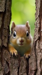 Fototapeta premium Curious squirrel peeking from tree trunk