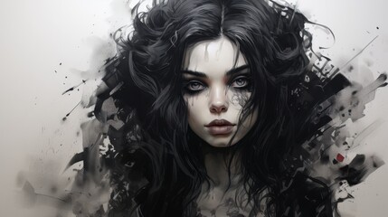 dark and mysterious woman with flowing black hair