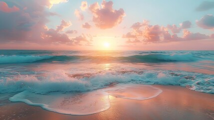 dreamy coastal sunrises illuminate a serene blue sky and gentle waves, with a fluffy white cloud adding to the picturesque view
