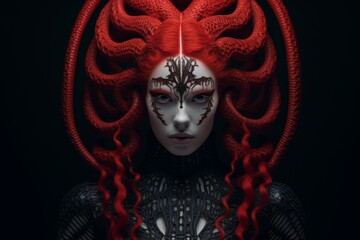 Obraz premium Striking dark fantasy portrait of a mysterious female figure with horns and intricate facial markings