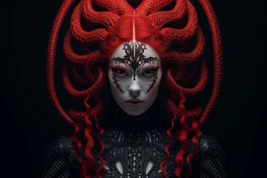 Striking dark fantasy portrait of a mysterious female figure with horns and intricate facial markings