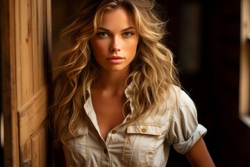 Fototapeta premium Thoughtful young woman with flowing blonde hair