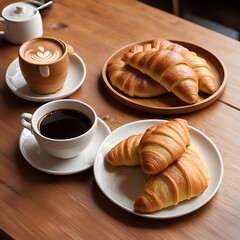 Korean sweet pancakes and hot coffee and bread, wooden tables, coffee shop atmosphere, ai, generative