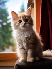 Obraz premium Adorable fluffy kitten sitting on windowsill
