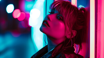 Glamorous Neon Night: Portrait of a Young Woman