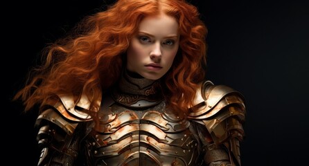 Fierce redhead warrior in golden armor