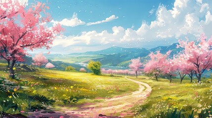 fascinating spring landscape featuring pink and green trees, a dirt road, and a white and blue sky