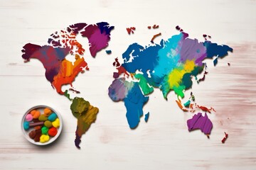 colorful world map on wooden surface with candy