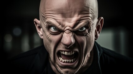 Intense angry bald man with piercing eyes