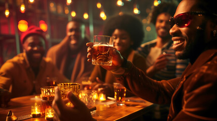 Friends Toasting Drinks at a Vibrant Nightclub
