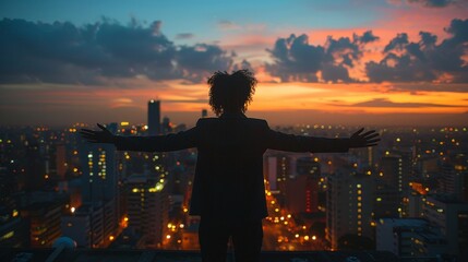 Fototapeta premium A businesswoman stands arms outstretched with embracing the vast cityscape below, Freedom woman