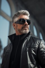 Fototapeta premium Stylish mature man in leather jacket and sunglasses