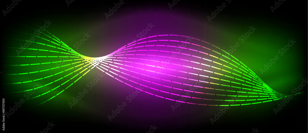 Poster a colorful display of neon purple and green waves against a dark background, creating a visually stu