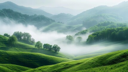 green valley landscape photography in the foggy mountains - obrazy, fototapety, plakaty