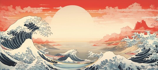 Dramatic sunset over crashing waves and mountains