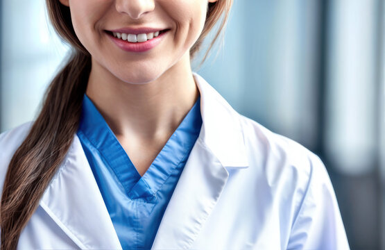 Faceless girl doctor with nice smile in white coat. Doctor's day concept, medic.