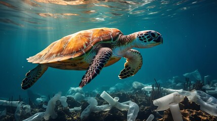 Fototapeta premium Plastic pollution with sea turtle swimming underwater among discarded plastic bottles