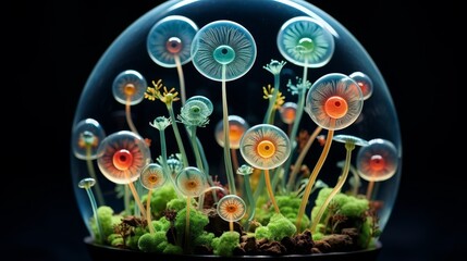 Enchanting glass terrarium with vibrant mushroom-like fungi