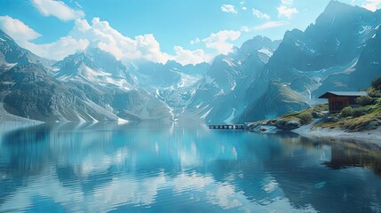lake views with beautiful mountain backdrops, featuring a serene blue water and white clouds, with a small brown building in the foreground