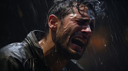 Obraz premium Intense emotional expression of a man in the rain