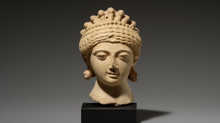 ancient stone sculpture of a female figure with an ornate headdress