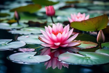 Vibrant pink lotus flower in a serene pond