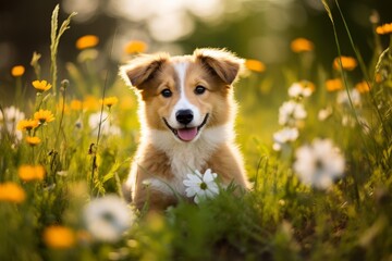 Adorable puppy in a field of flowers