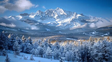 majestic rocky mountain landscapes under a clear blue sky with fluffy white clouds