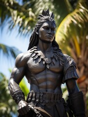 Muscular warrior statue in tropical setting
