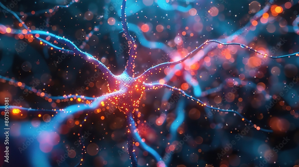 Poster artificial intelligence's role in unlocking the mysteries of the human brain, with colorful synapses
