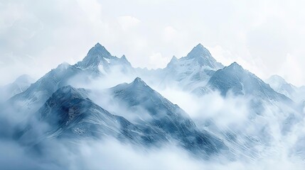 mystical mountain mists rise above a serene blue and white sky