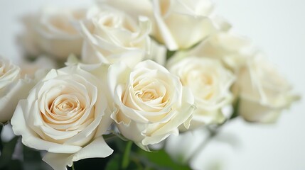 Close-up of delicate white roses, their intricate details captured in sharp focus against the pure white backdrop.
