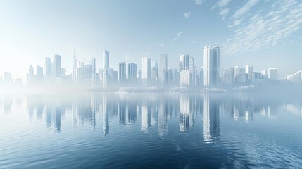 reflections of urban serenity on calm blue waters under a clear blue sky with a single white cloud