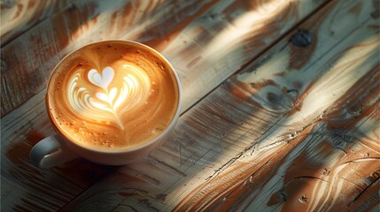 Cappuccino coffee with heart-shaped latte art on a wooden table in a cafe, closeup top view,Generative AI illustration.