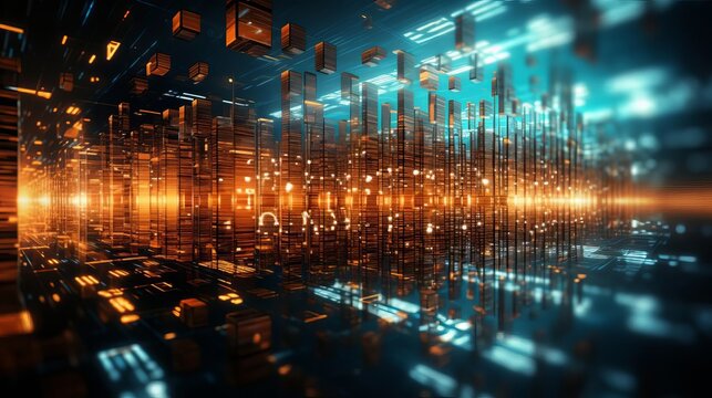 Abstract tech backdrop with coding script flowing in digital space