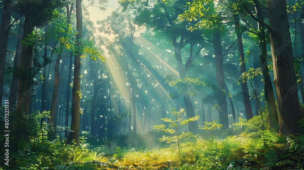 Poster sunlit forest clearings with tall green trees and a small tree in the foreground