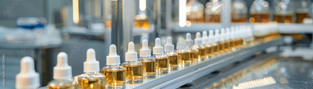 Poster modern automated perfume factory with conveyor line